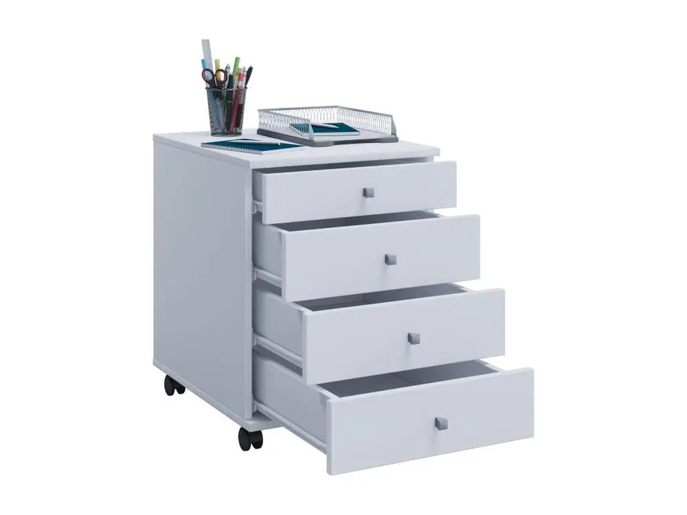 Poste de travail assis-debout Lona Commode de bureau sur roulettes avec 4 tiroirs, blanc.
