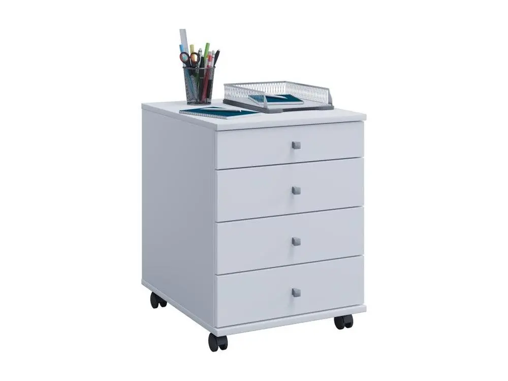 Poste de travail assis-debout Lona Commode de bureau sur roulettes avec 4 tiroirs, blanc.