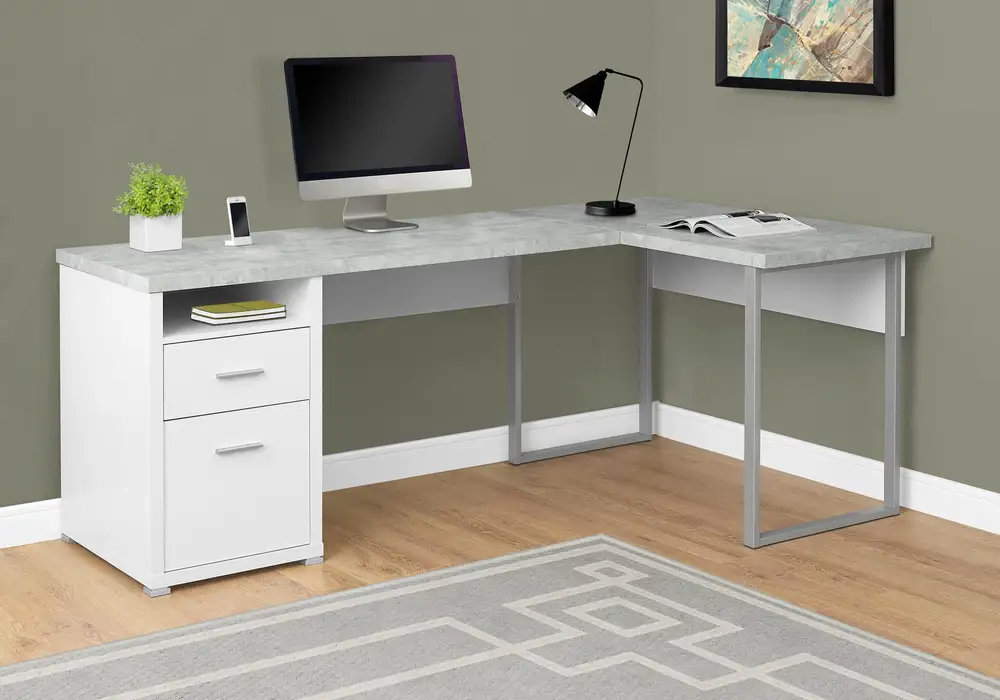 Bureau D'Ordinateur - 80"L Blanc / Aspect Ciment Face Gauche/Droite pour Année 2025