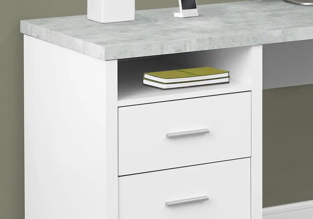 Bureau D'Ordinateur - 80"L Blanc / Aspect Ciment Face Gauche/Droite pour Année 2025