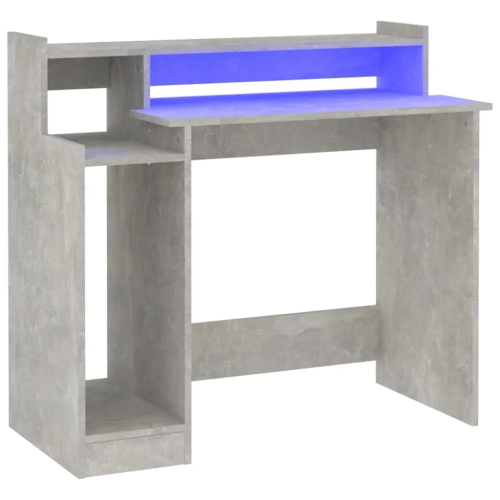Bureau table poste de travail meuble d'ordinateur informatique étude et lumières LED 97 x 45 x 90 cm bois d'ingénierie gri...