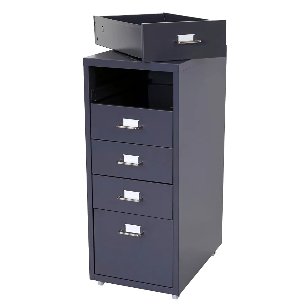 Caisson à tiroirs meuble de rangement bureau sur roulettes 69x28x41cm 5 tiroirs acier gris sombre 04_0004358