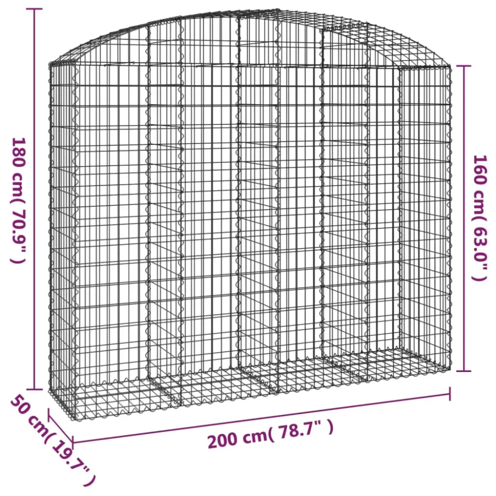Panier de gabions clôture cage mur de soutènement arqué 200 x 50 x 160/180 cm fer galvanisé Argent 02_0040029
