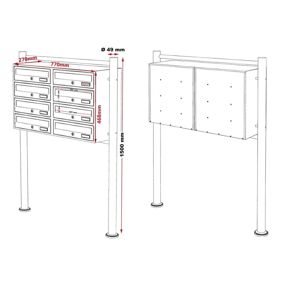 Bloc 8 boite aux lettres 2x4 compartiments superposé pied de support acier galvanisé 48,6 x 77 x 27 cm anthracite 16_0000048