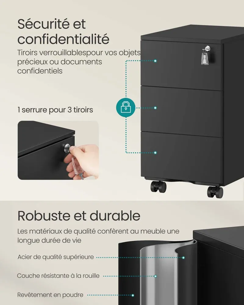 Caisson de bureau mobile 39 x 45 x 55 cm verrouillable avec 3 tiroirs rangement de documents papeterie préassemblé pour bu...
