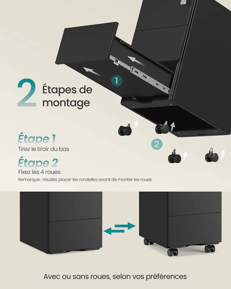 Caisson de bureau mobile 39 x 45 x 55 cm verrouillable avec 3 tiroirs rangement de documents papeterie préassemblé pour bu...