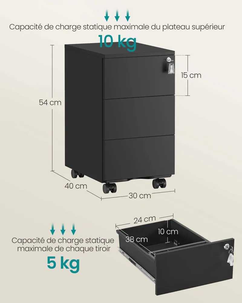 Caisson de bureau mobile 39 x 45 x 55 cm verrouillable avec 3 tiroirs rangement de documents papeterie préassemblé pour bu...