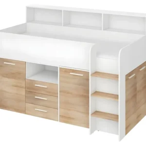 Lit Mezzanine 80x200cm avec échelle Placard, Bureau amovible, bibliothèque et des étagéres NOE P Blanc/Chêne Sonoma