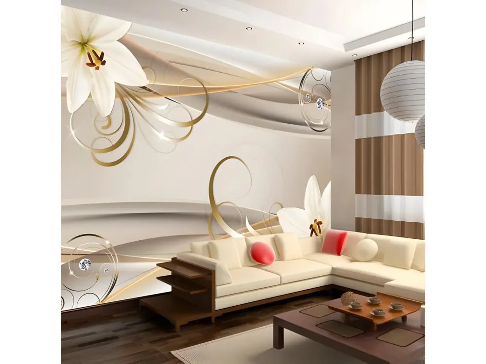 Papier peint intissé Fleurs Lilies and Dorure Spirals : Taille - 350 x 245 cm