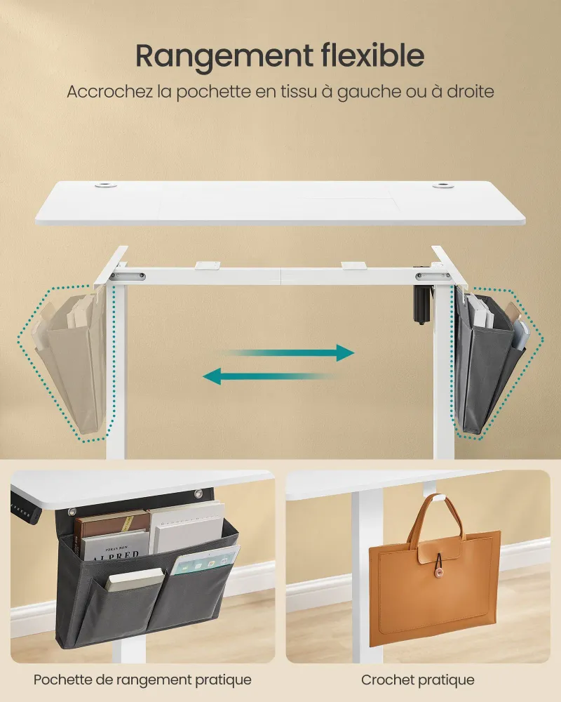 Bureau électrique assis-debout bureau réglable en hauteur 60 x 120 x (72-120) cm 4 hauteurs mémorisables pochette de range...