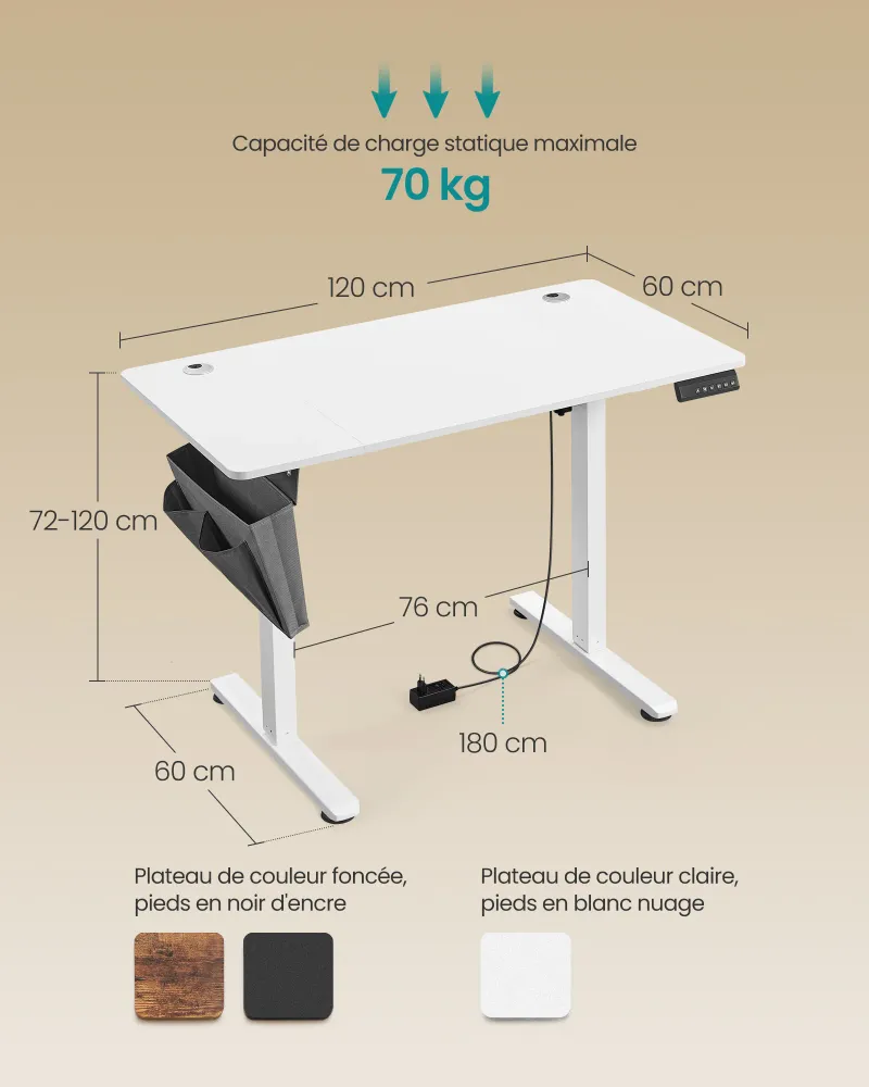 Bureau électrique assis-debout bureau réglable en hauteur 60 x 120 x (72-120) cm 4 hauteurs mémorisables pochette de range...