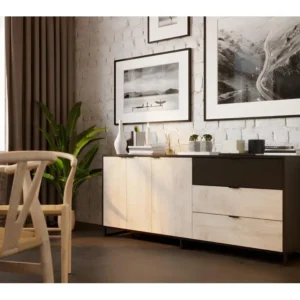 Buffet Meuble de rangement en mélamine coloris chêne et noir - Longueur 180 x profondeur 44 x Hauteur 75 cm