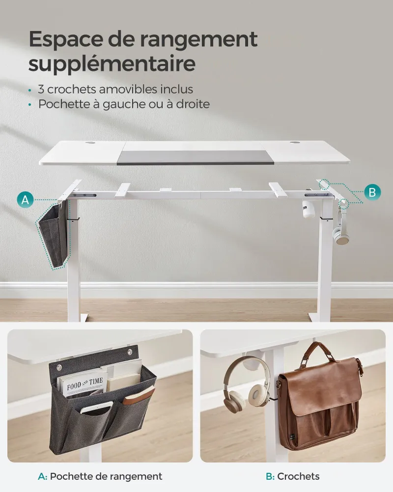 Bureau assis debout électrique 70 x 160 x (72-120) cm table réglable en hauteur mémoire 4 hauteurs pochette cadre en acier...