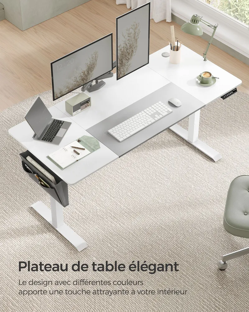 Bureau assis debout électrique 70 x 160 x (72-120) cm table réglable en hauteur mémoire 4 hauteurs pochette cadre en acier...
