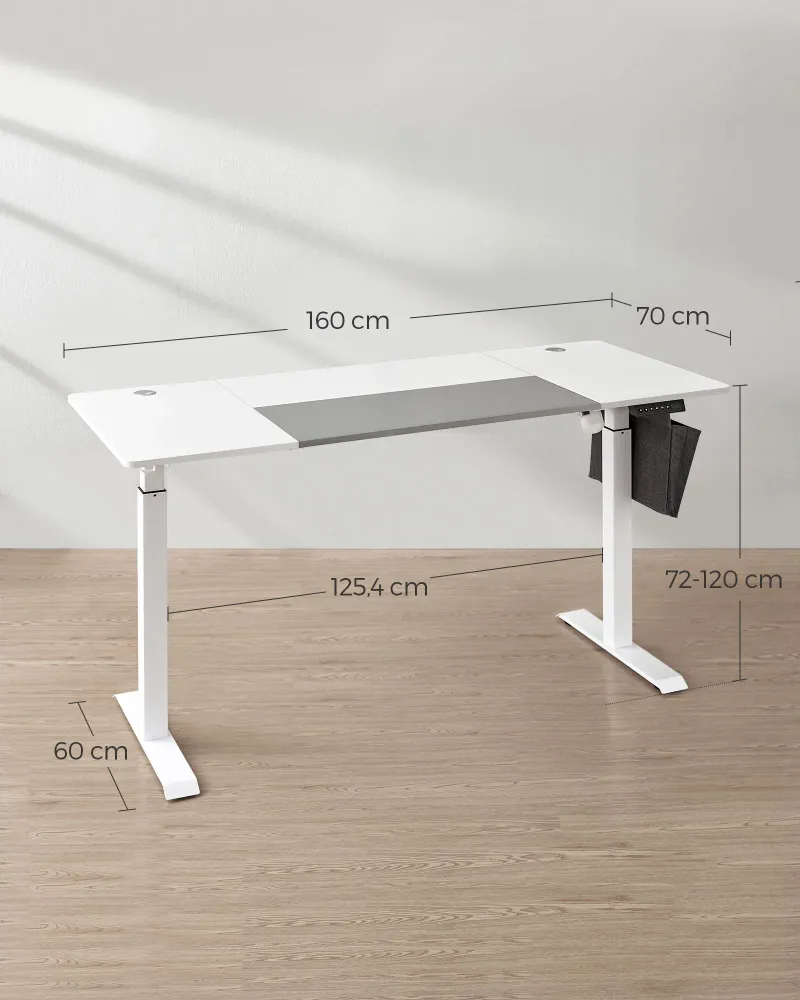 Bureau assis debout électrique 70 x 160 x (72-120) cm table réglable en hauteur mémoire 4 hauteurs pochette cadre en acier...