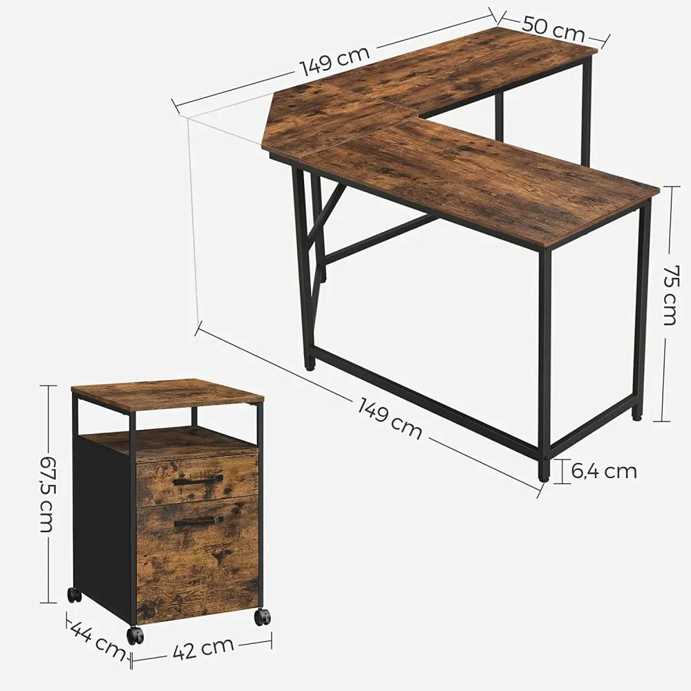 Bureau d’angle et caisson mobile poste de travail 149 x 149 x 75 cm avec placard de rangement 2 tiroirs table en L de styl...
