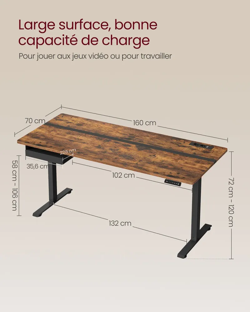 Bureau électrique réglable en hauteur bureau assis-debout surface 60 x 120 cm réglable en continu fonction mémoire de 4 ha...