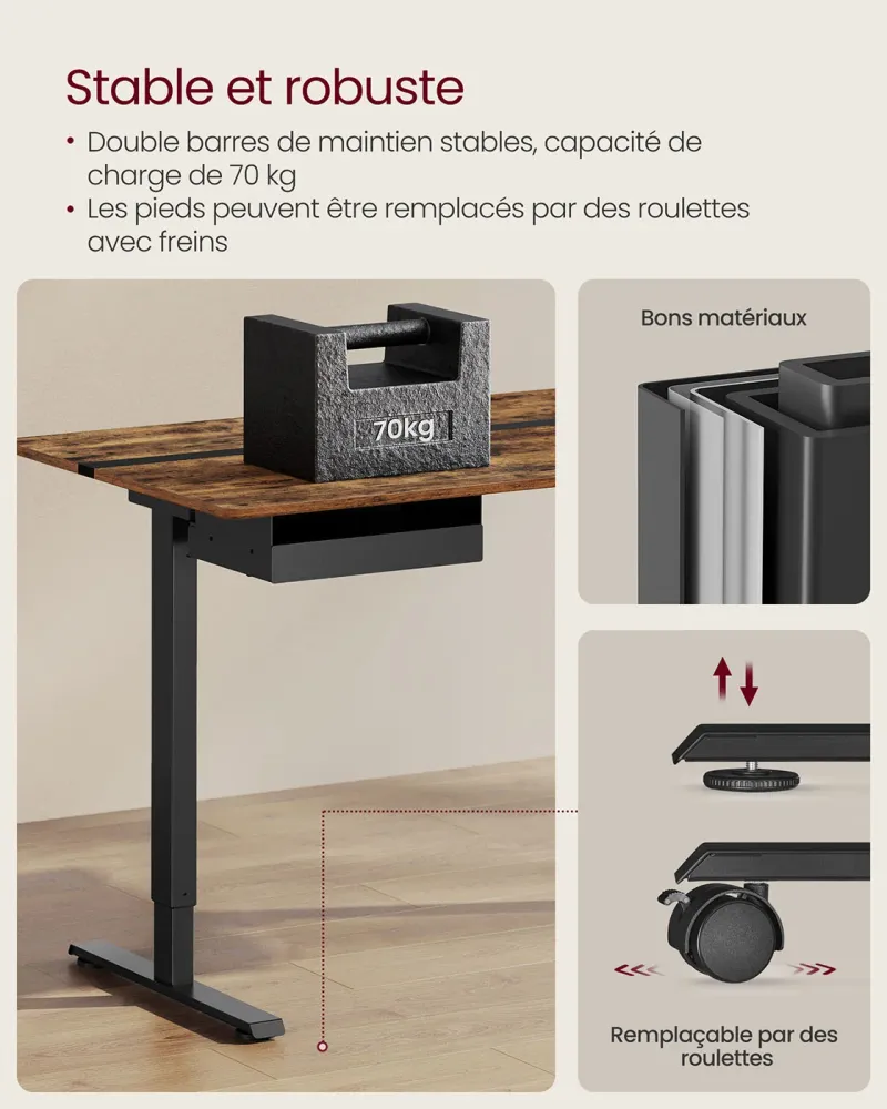 Bureau électrique réglable en hauteur bureau assis-debout surface 60 x 120 cm réglable en continu fonction mémoire de 4 ha...