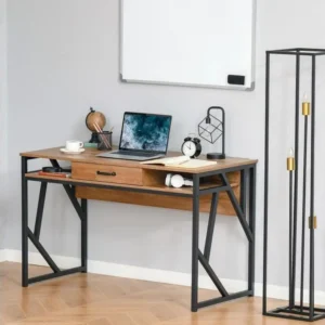 Bureau style industriel pâle. 120L x 60l x 76H cm tiroir + 2 niches piètement métal noir plateau aspect bois noyer