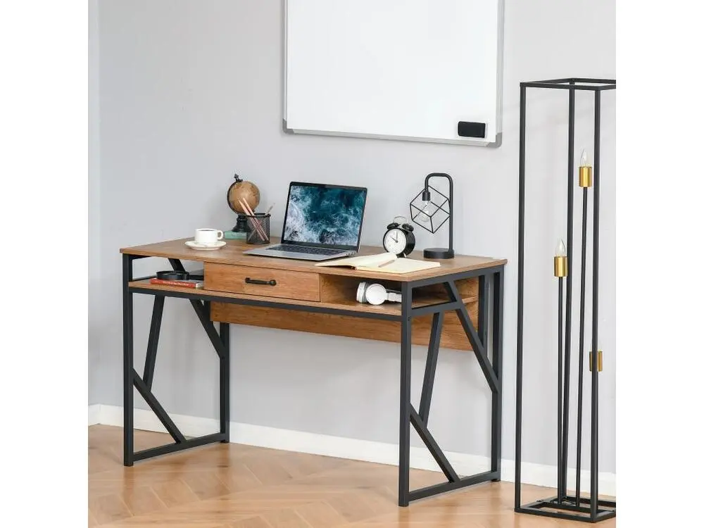 Bureau style industriel pâle. 120L x 60l x 76H cm tiroir + 2 niches piètement métal noir plateau aspect bois noyer