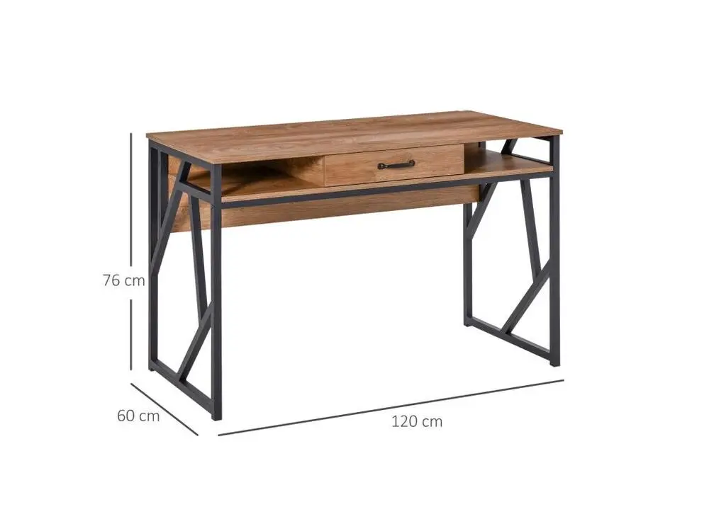 Bureau style industriel pâle. 120L x 60l x 76H cm tiroir + 2 niches piètement métal noir plateau aspect bois noyer