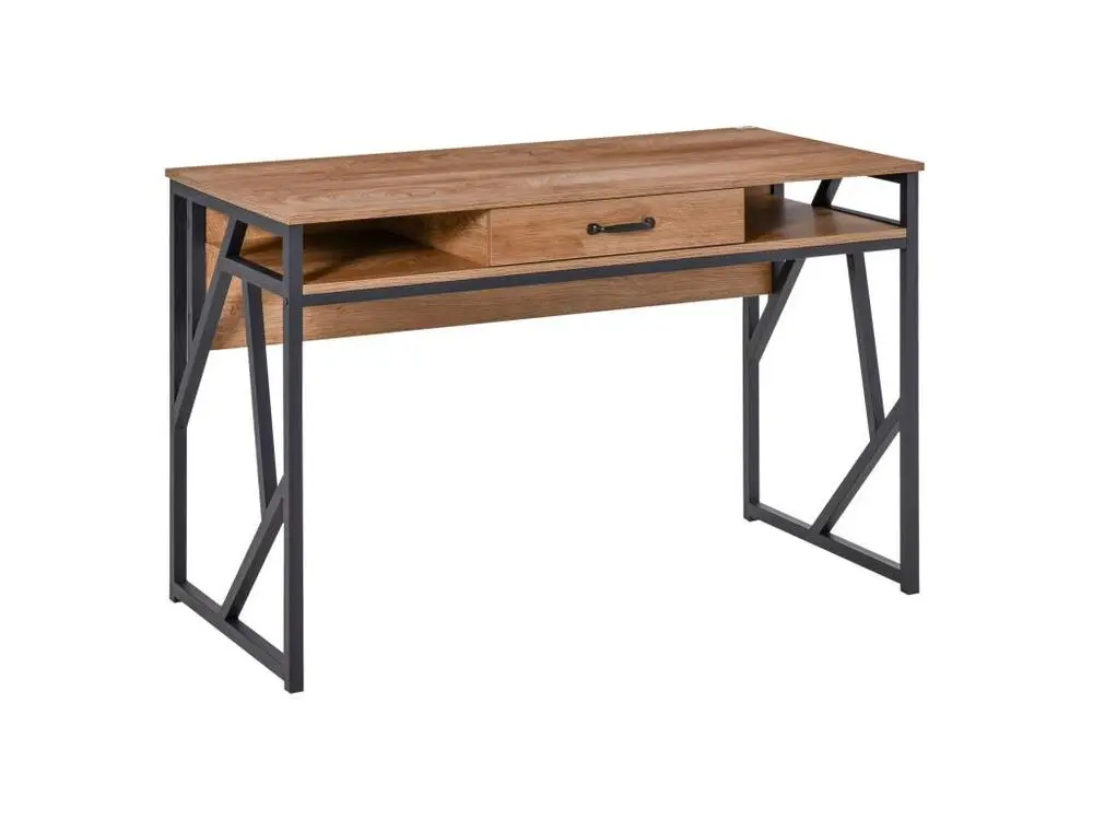 Bureau style industriel pâle. 120L x 60l x 76H cm tiroir + 2 niches piètement métal noir plateau aspect bois noyer