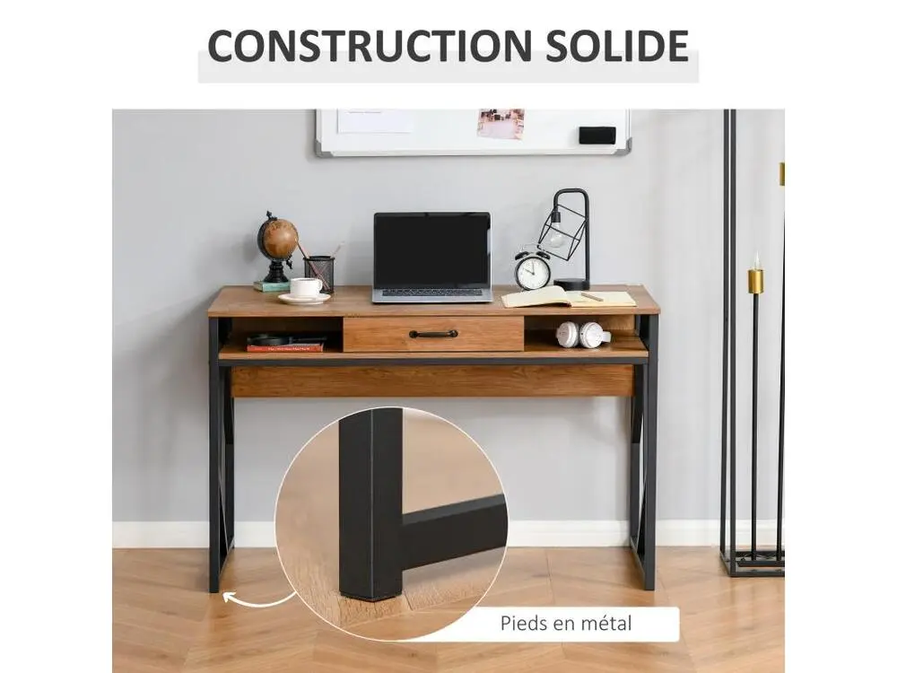 Bureau style industriel pâle. 120L x 60l x 76H cm tiroir + 2 niches piètement métal noir plateau aspect bois noyer