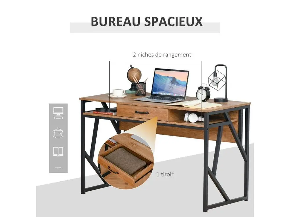 Bureau style industriel pâle. 120L x 60l x 76H cm tiroir + 2 niches piètement métal noir plateau aspect bois noyer