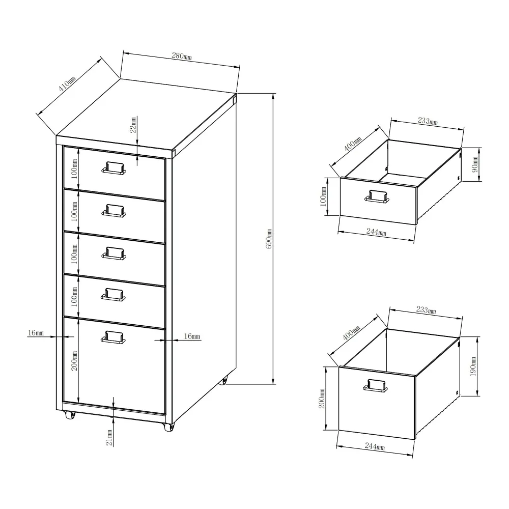 Caisson de bureau meuble de rangement pour documents dossiers fournitures de bureau à roulettes avec 5 tiroirs 69 x 28 x 4...