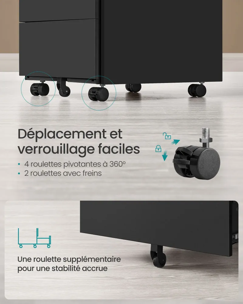 Caisson de bureau mobile verrouillable avec 3 tiroirs rangement de documents papeterie préassemblé pour bureau bureau à do...