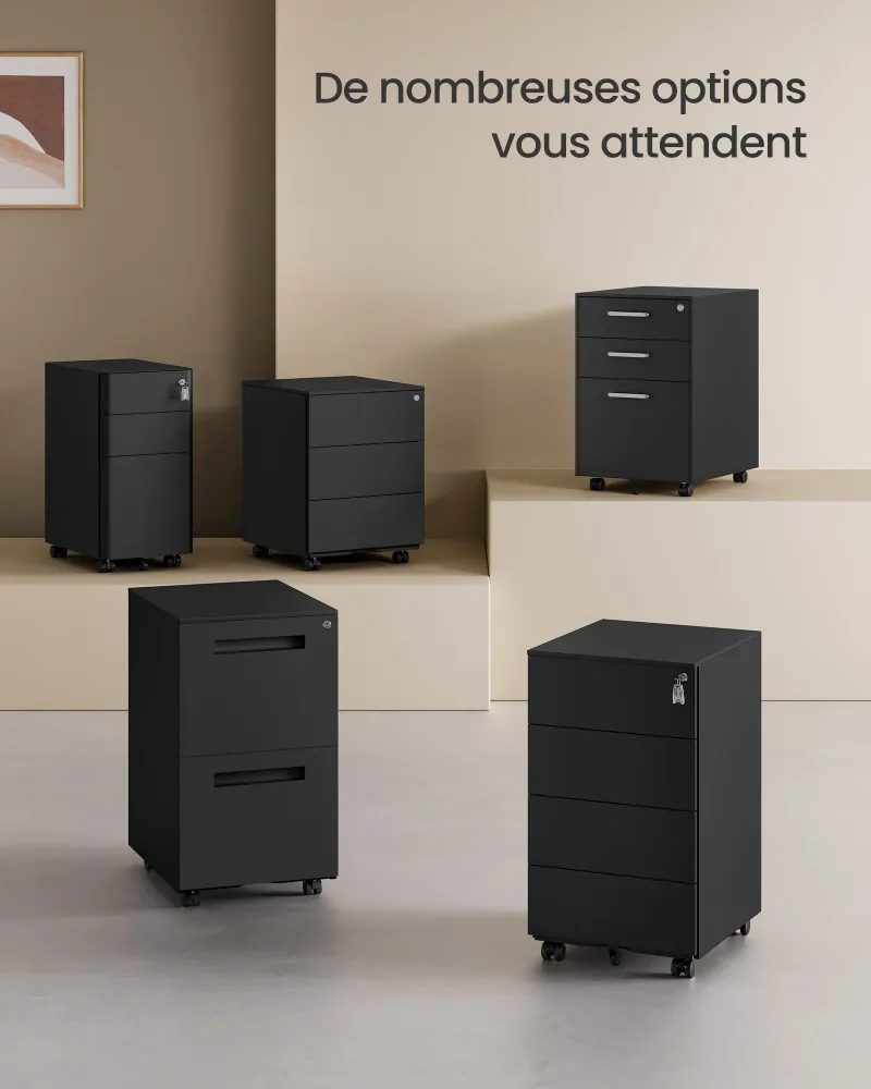 Caisson de bureau mobile verrouillable avec 3 tiroirs rangement de documents papeterie préassemblé pour bureau bureau à do...