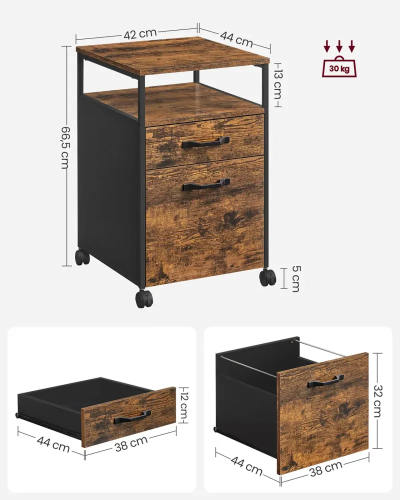 Caisson de bureau 2 tiroirs placard de rangement mobile 41 x 45 x 66 cm avec roulettes emplacement ouvert style industriel...