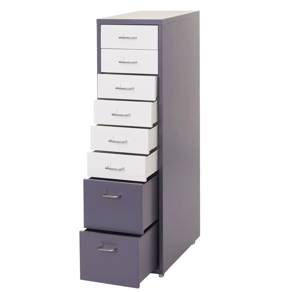 Caisson à tiroirs sur roulettes rangement bureau 8 tiroirs 110x28x41cm en acier gris profond blanc-noir gris foncé 04_0004359