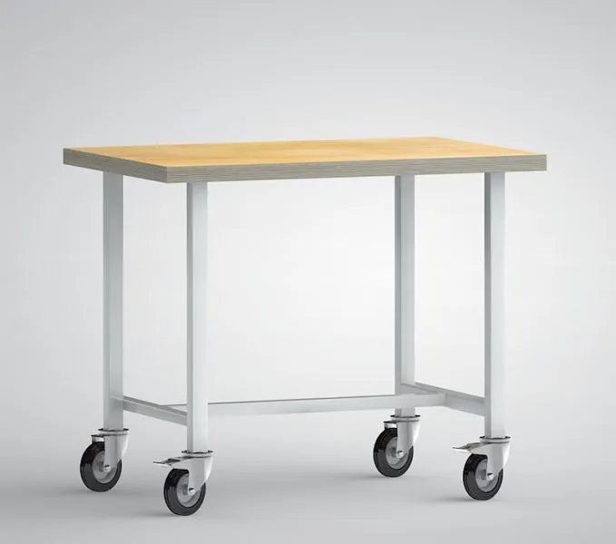 Etabli standard KLW 1000 x 700 x 840 mm avec plateau multiplex en hêtre 1000 x 700 x 40 mm mobile avec 4 roulettes pivotan...