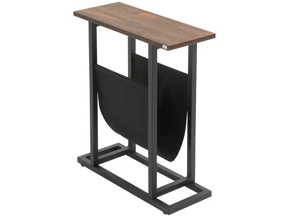 Guéridon bout de canapé table basse d'appoint - porte-revue tissu noir - châssis métal noir plateau aspect bois