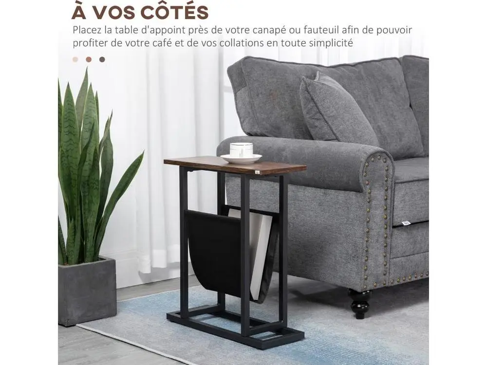 Guéridon bout de canapé table basse d'appoint - porte-revue tissu noir - châssis métal noir plateau aspect bois
