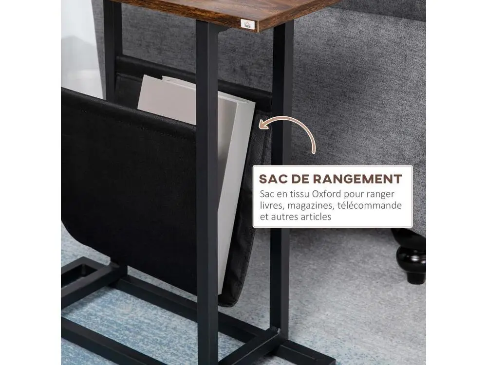 Guéridon bout de canapé table basse d'appoint - porte-revue tissu noir - châssis métal noir plateau aspect bois