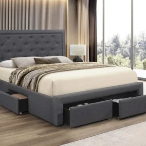 Lit Plateforme - 3 Tiroirs De Rangement (2 à L'Avant, 1 Sur Le CôTé), Tissu Gris Sombre, Support De Matelas Inclus