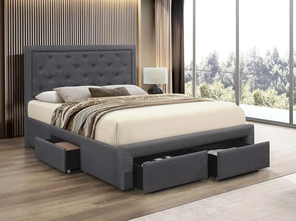 Lit Plateforme - 3 Tiroirs De Rangement (2 à L'Avant, 1 Sur Le CôTé), Tissu Gris Sombre, Support De Matelas Inclus