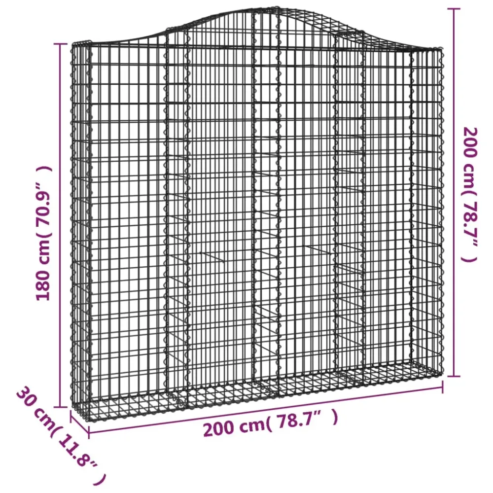 Lot de 4 paniers à gabions clôture cage mur de soutènement arqués 200 x 30 x 180/200 cm fer galvanisé Argent 02_0041426