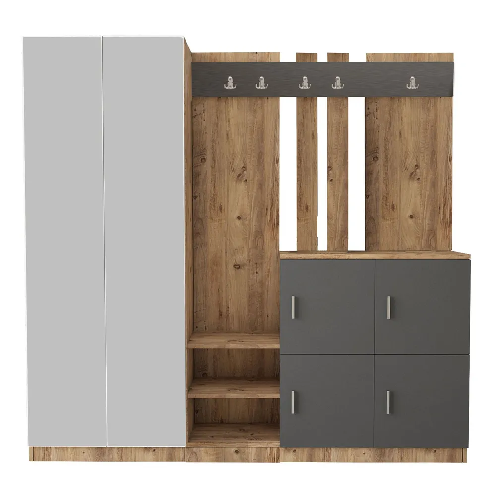 Meuble d'entrée avec miroir Ascelina L187,2xH180cm Bois sombre et Anthracite