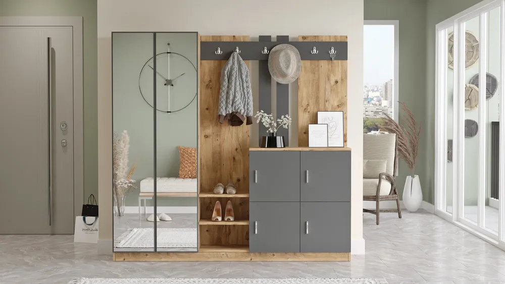 Meuble d'entrée avec miroir Ascelina L187,2xH180cm Bois sombre et Anthracite