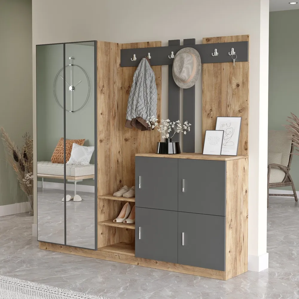 Meuble d'entrée avec miroir Ascelina L187,2xH180cm Bois sombre et Anthracite