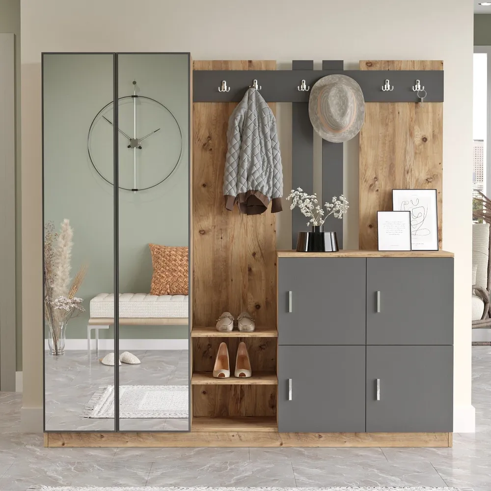 Meuble d'entrée avec miroir Ascelina L187,2xH180cm Bois sombre et Anthracite