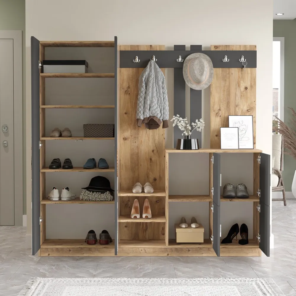 Meuble d'entrée avec miroir Ascelina L187,2xH180cm Bois sombre et Anthracite