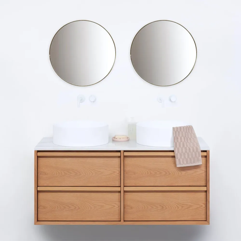 Meuble de salle de bain Chêne Fien - 120 cm - Vasques Sims - Plateau en marbre