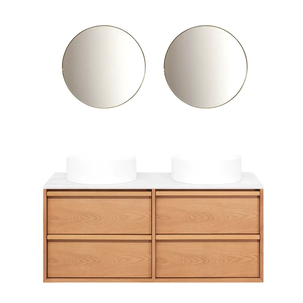 Meuble de salle de bain Chêne Fien - 120 cm - Vasques Sims - Plateau en marbre