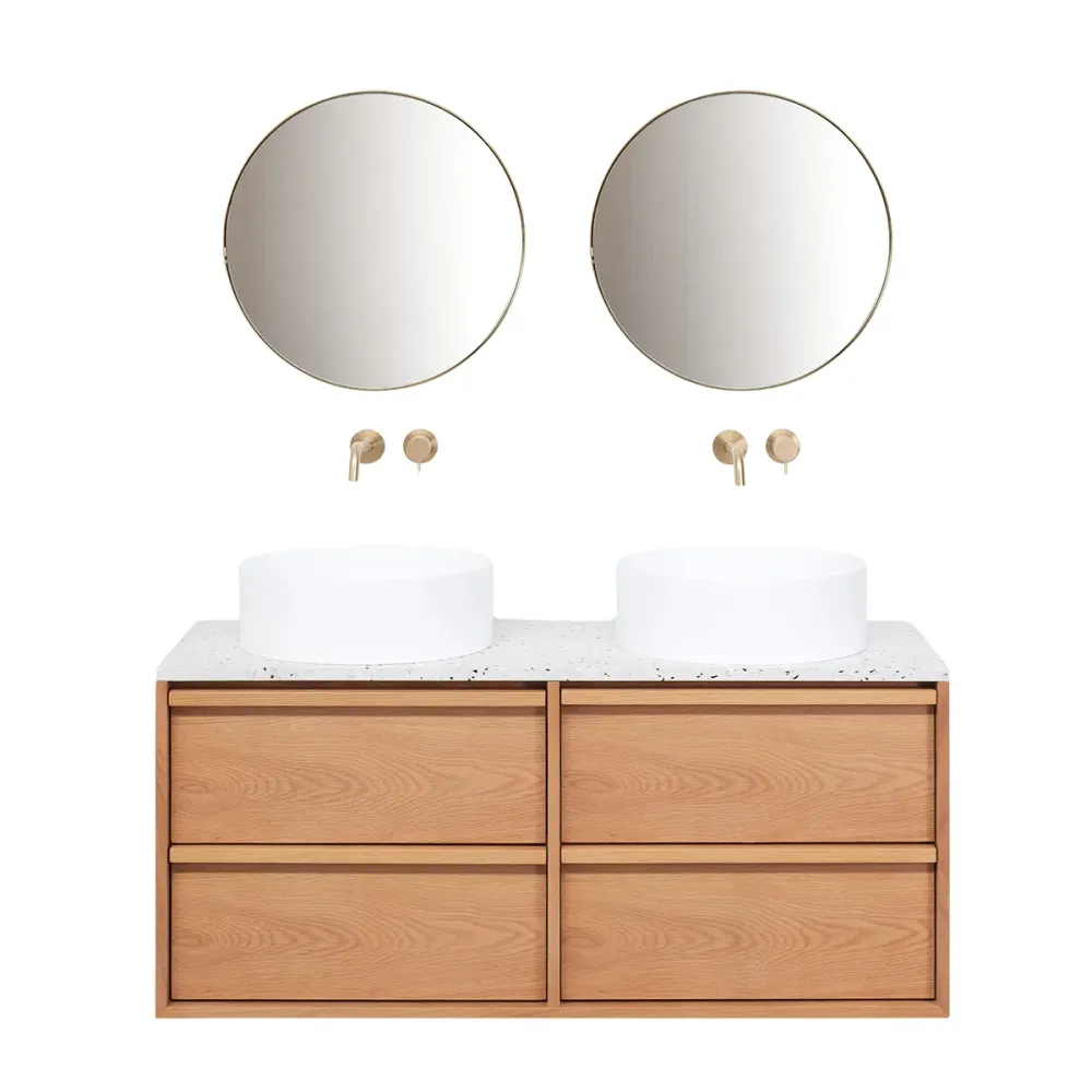 Meuble de salle de bain Chêne Fien - 120 cm - Vasques Sims - Plateau en Terrazzo