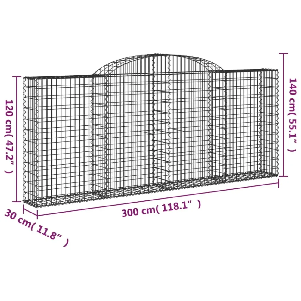 Paniers à gabions clôture cage mur de soutènement arqués 10 pcs 300 x 30 x 120/140 cm fer galvanisé Argent 02_0040255
