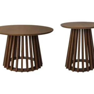 Set de 2 tables basses rondes plateau effet bois noyer et pieds en bois de sapin. Ø40cm et Ø60cm